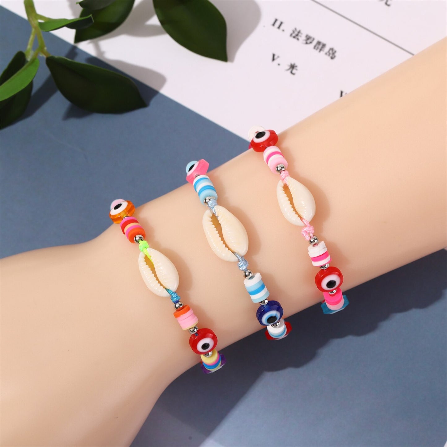 12 Pcs Beach Shell Evil Eye Beads Bracelet Anklet Set Women Summer Handmade Ankle Adjustable Clay Bracelets Wholesale