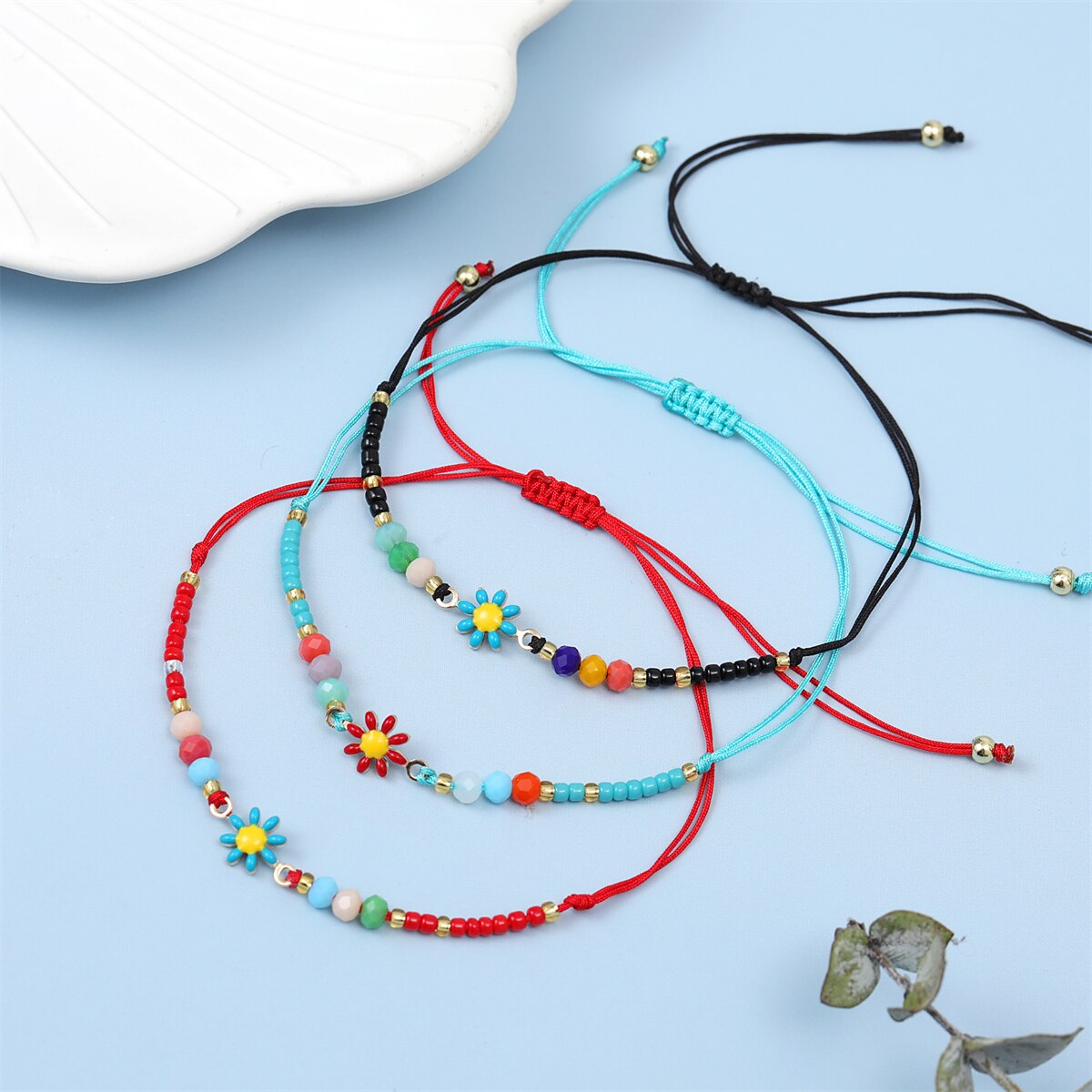 12pcs/lot Colorful Flower Women Bead Bracelets Summer Small Flowers Bohemian Handmade Adjustable Braided Bracelet Bangle Jewelry