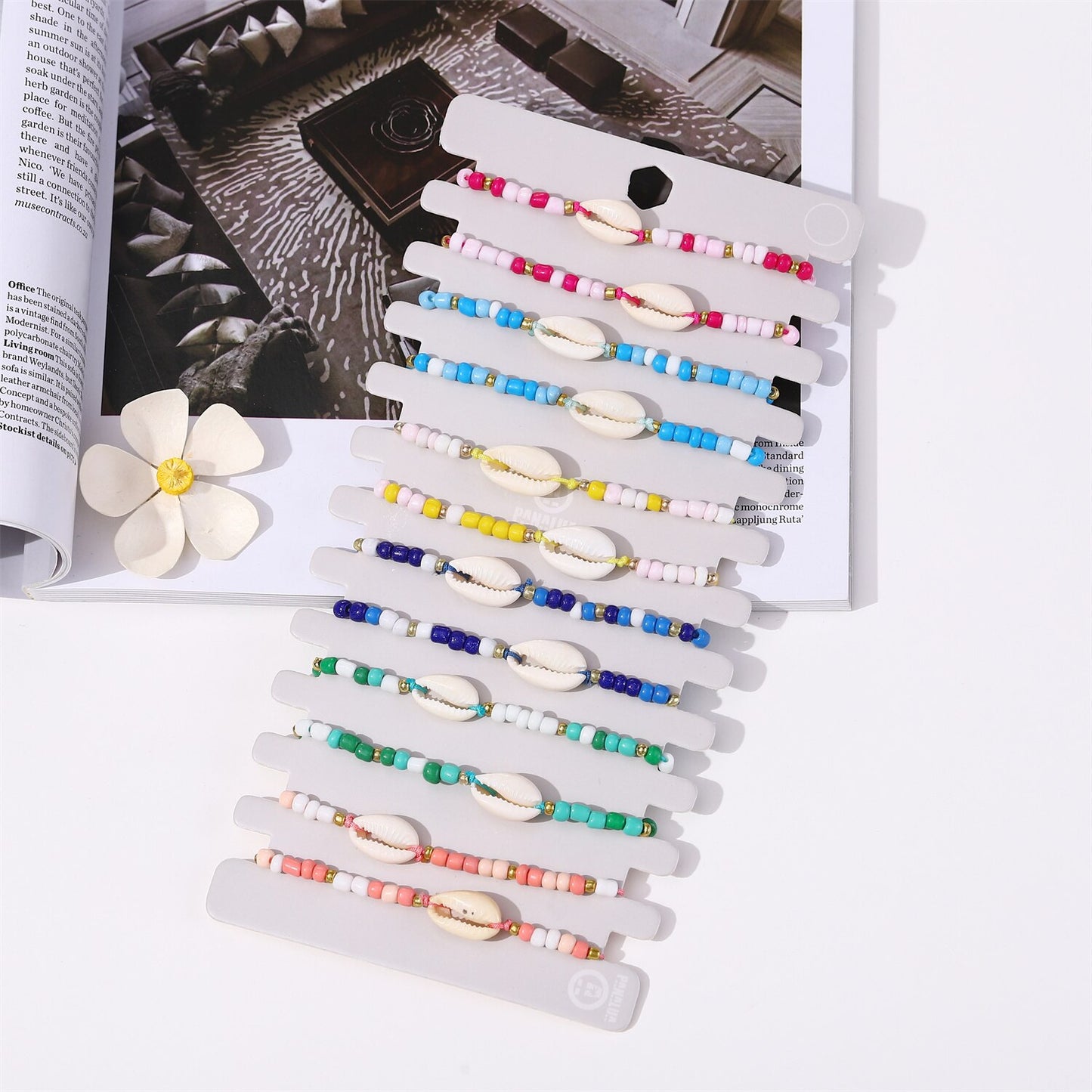 12pcs/lot Boho-color Crystal Shell Beaded Friendship Bracelets Handmade Strand Bracelet Bangles Jewelry for Summer Wholesale