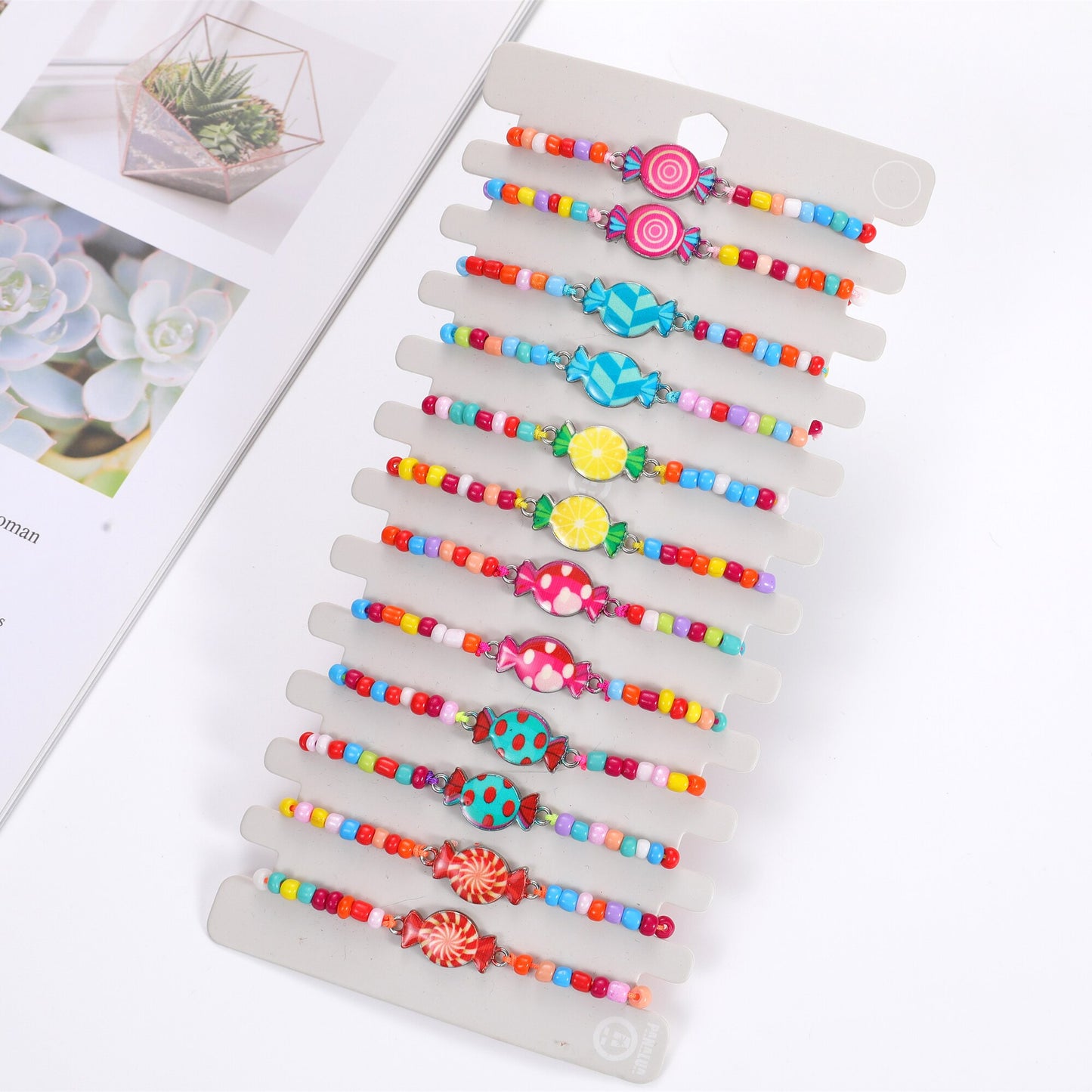 12 Pcs Colorful Cute Candy Charm Bracelet for Girl Kids Handmade Rice Bead Braided Chain Friendship BFF Gifts