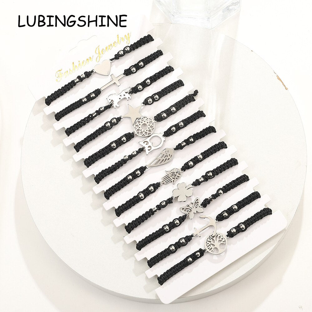 12pcs/lot Star Unicorn Heart Charms Bracelet Set for Woman Braided Adjustable Black Braided Wristband Cuff Jewelry Wholesale