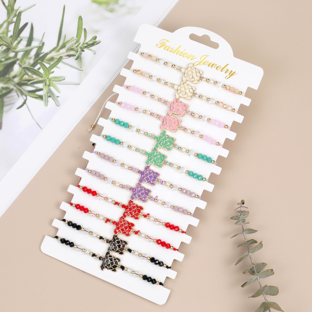 12pcs Bohemian Crystal Beaded Turtle Charms Bracelet Adjustable Rope Chain Bracelet for Women Girls Cuff Jewelry