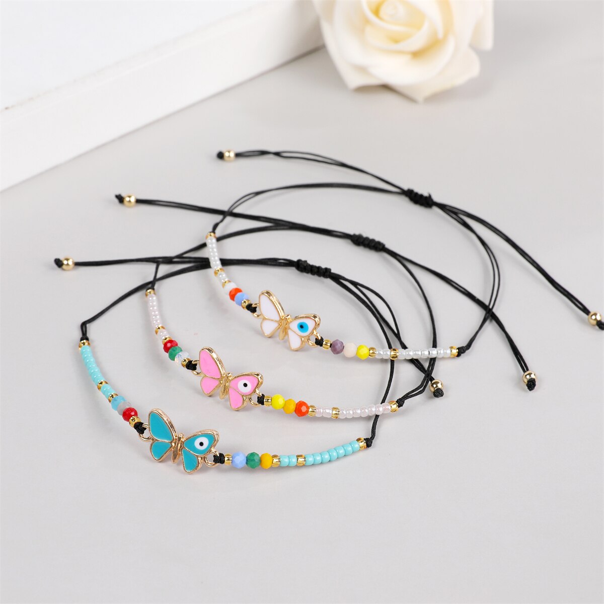 12pcs/lot Women Colorful Crystal Beads Butterfly Pendant Charms Bracelets Child Braided Adjustable Rope Chain Anklets Jewelry