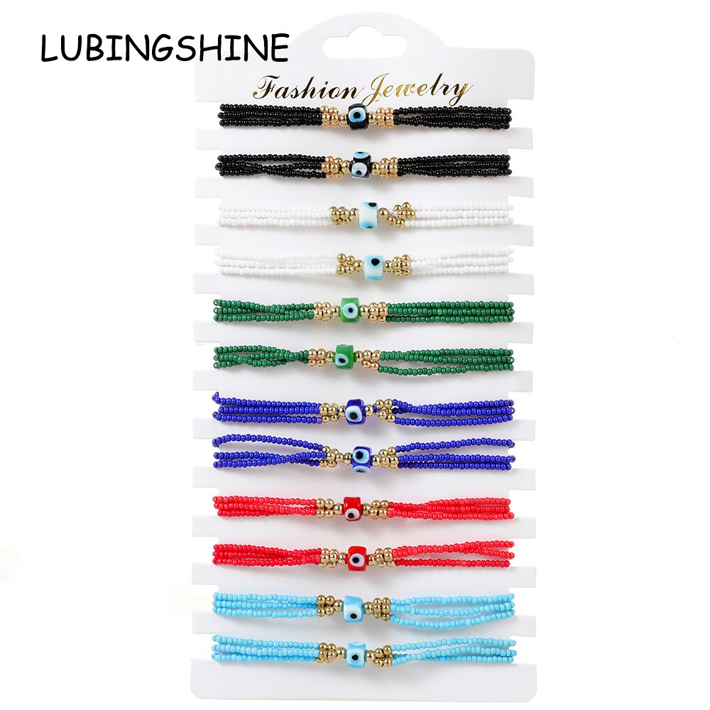 12Pcs Evil Eye Charm Bracelet Unisex Multilayer Rice Beads Braided Rope Charm Friendship Bracelet Jewelry Gift Wholesale