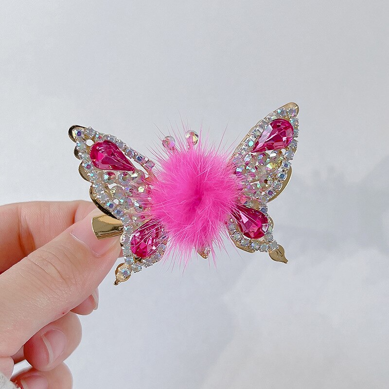 Fashion 3D Butterfly Faux Fur Hair Clips Flying Shiny Rhinestone Hairpin Barrettes for Women GirlsPonytail Holder Hairpins
