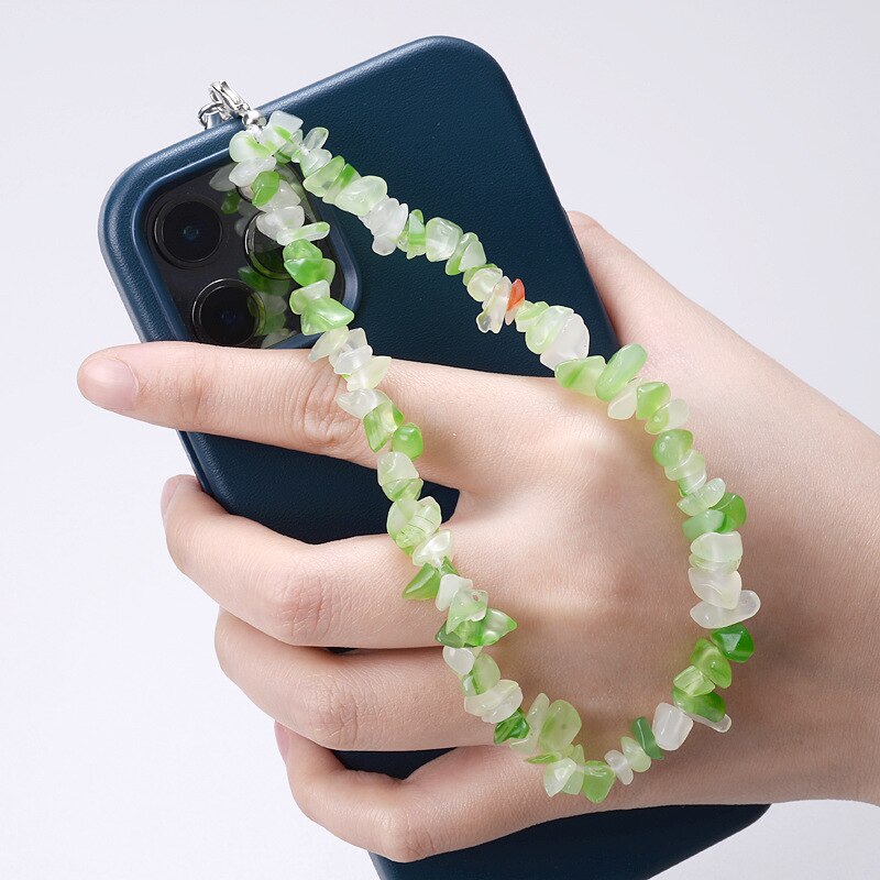 Colored Natural Stone Crushed Quartz Stone Chain Mobile Phone Chain Anti-lost Handmade Acrylic Cord Lanyard for Women Girls