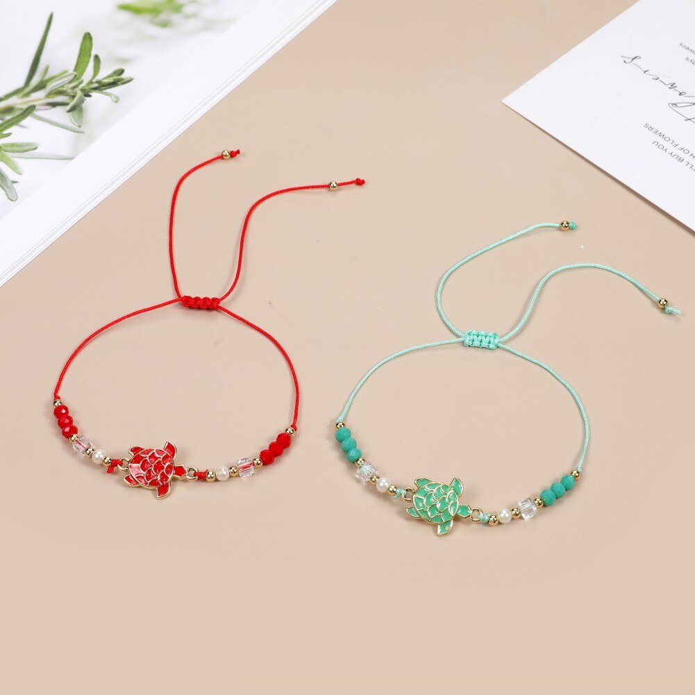 12pcs Bohemian Crystal Beaded Turtle Charms Bracelet Adjustable Rope Chain Bracelet for Women Girls Cuff Jewelry