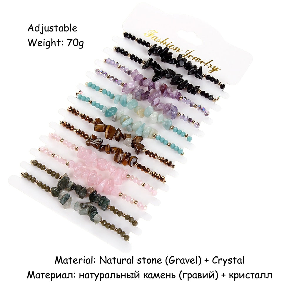 12pcs Natural Stone Amethyst 7 Chakra Bracelets Healing Crystal Bracelet Chipped Gravel Beads Gifts for Women Anklet Mix Colors