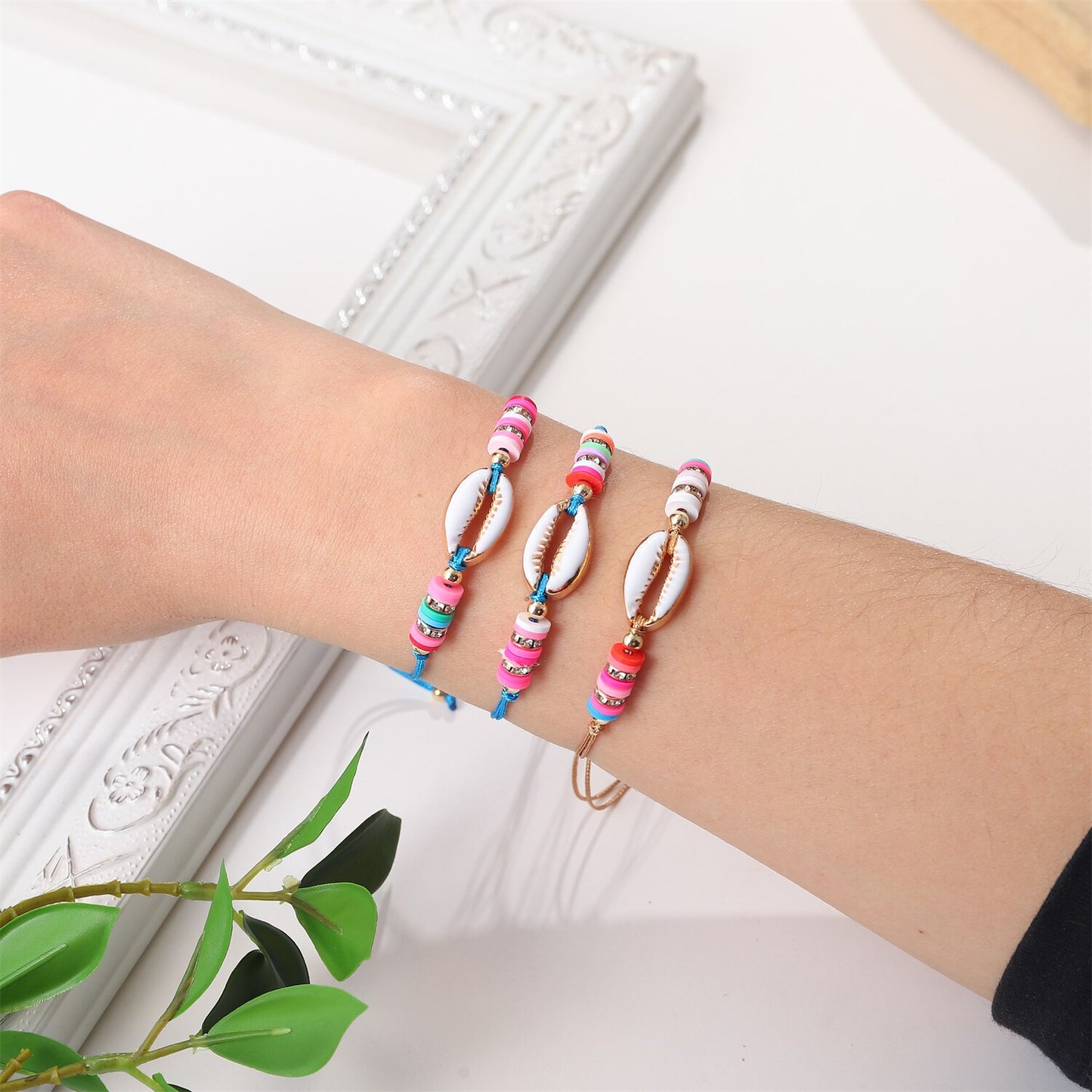 Boho 12pcs Polymer Clay Shell Charms Braided Charms Bracelets for Women Men Adjustable Rope Chain Anklets Beach Handmade Jewelry
