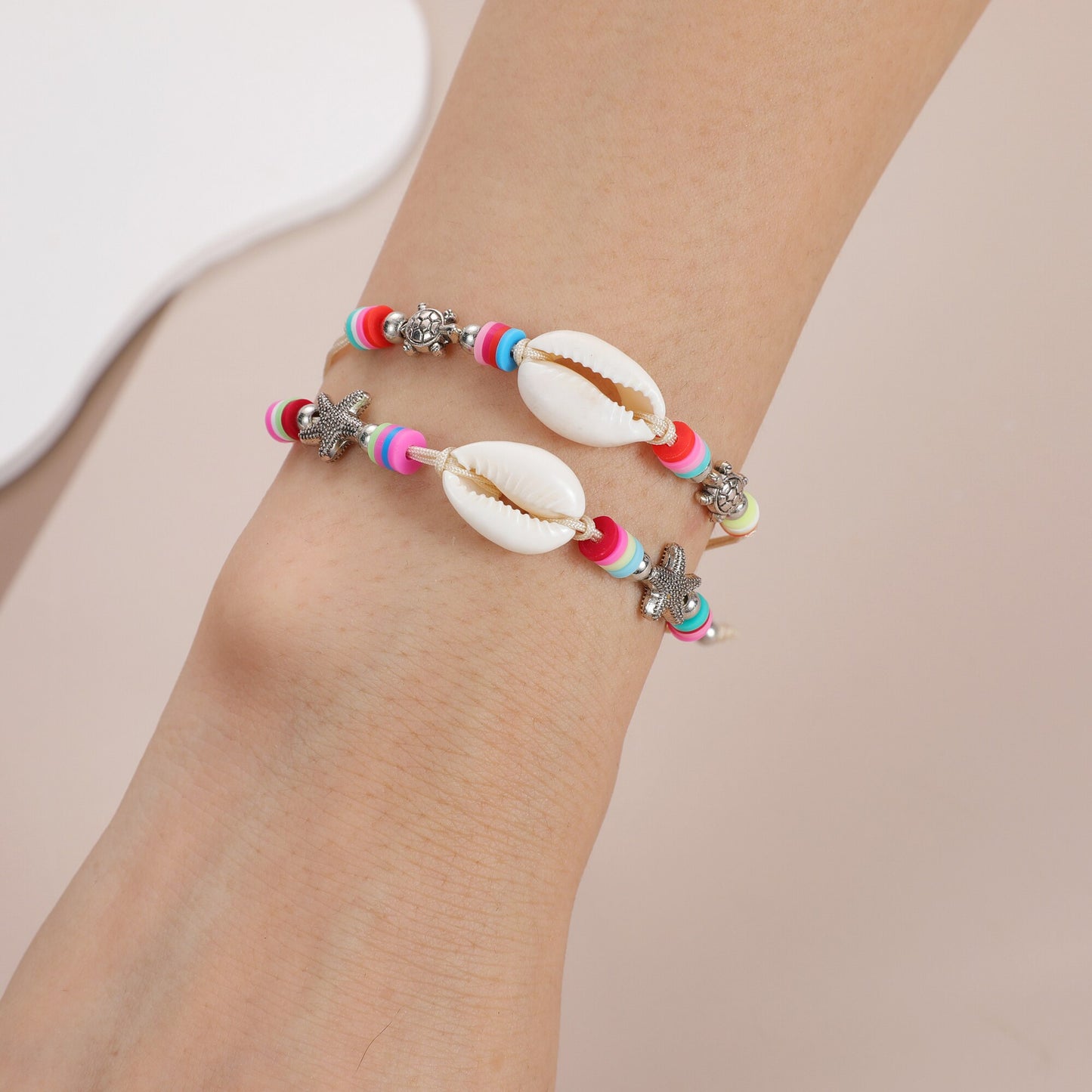 Boho 12pcs/lot Ocean Turtle Starfish Charms Bracelets Adjustable Rope Chain Yoga Soft Clay Wristband for Women Holiday Jewelry