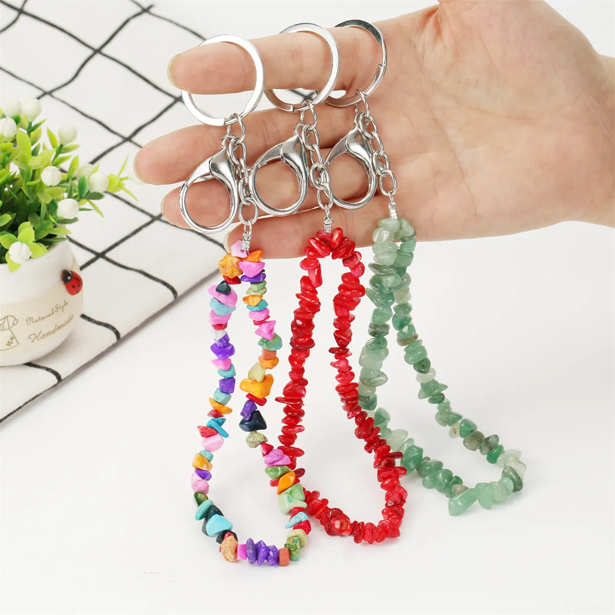 Natural Stone Mobile Phone Chain for Men Women Gravel Amethyst Quartz Stone Keychain Anti-lost Lanyard Bag Charm