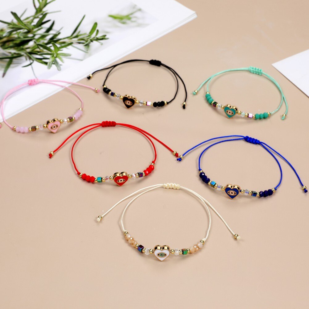 12pcs Love Heart Charms Bracelets for Women Rhinestone Beads Woven Rope Braided Evil Eye Bracelet Bangle Child Fashion Jewelry