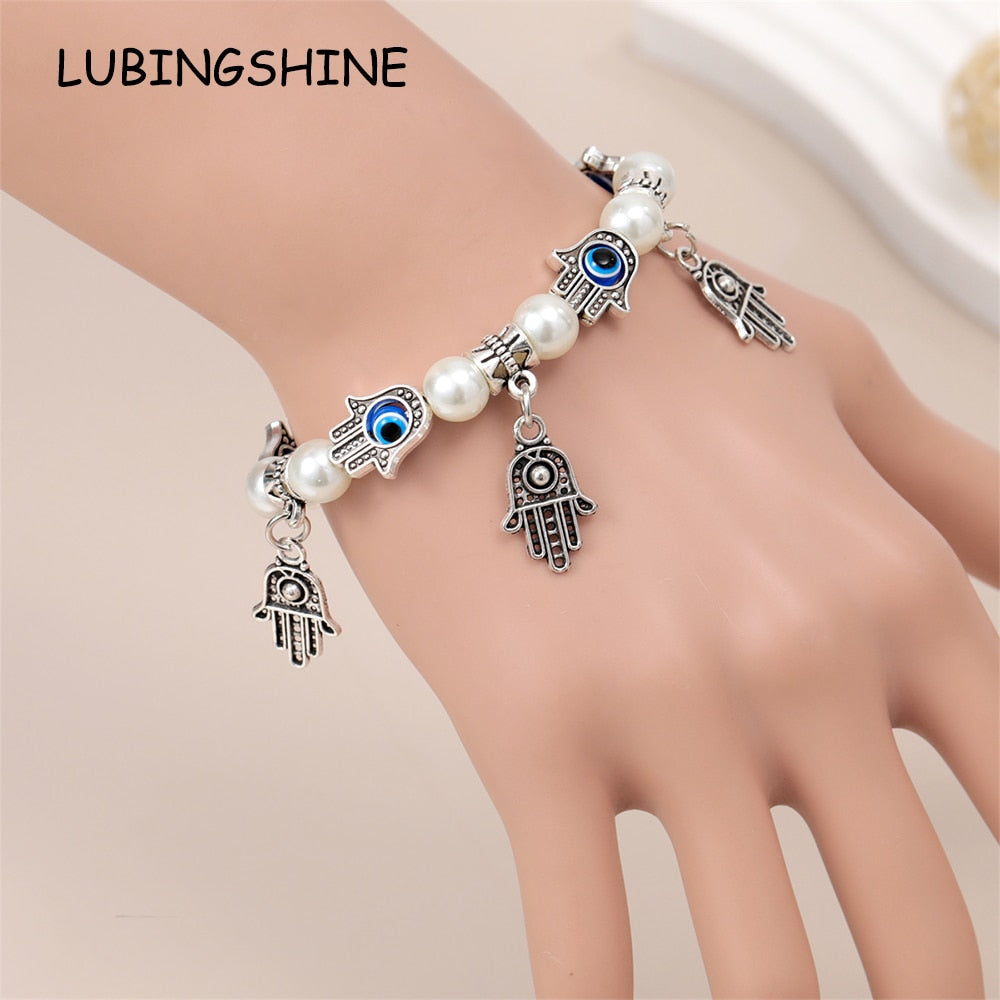 Fashion Blue Turkey Evil Eye Fatima Hand Beaded Charms Bracele for Women Men Pearls Chain Elastic Yoga Party Jewelry