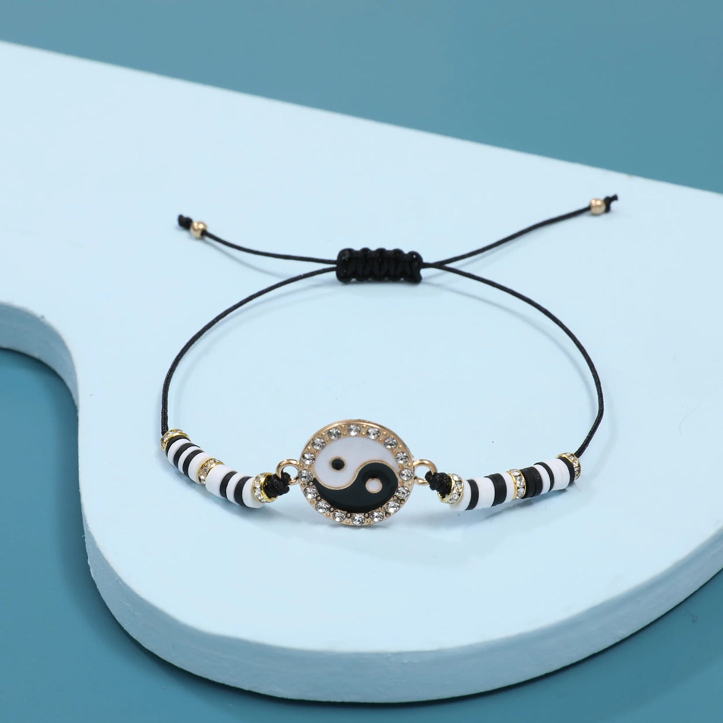 12pcs Black/white Yin Yang Tai Chi Pendant Soft Clay Braided Bracelets Good Luck Charm Adjustable Bracelet