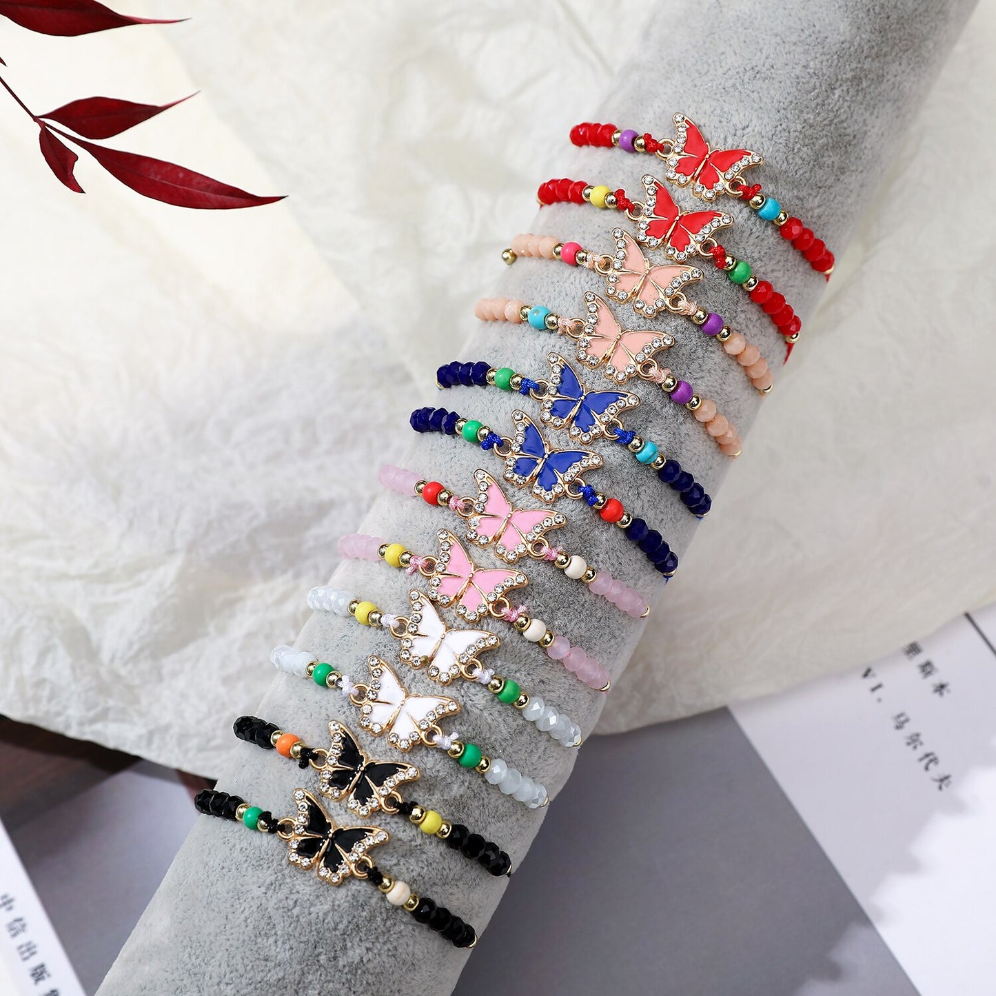 12 Pieces Colorful Crystal Beads Butterfly Pendant Charm Bracelet for Women Men Hand Woven Adjustable Chain Anklet Jewelry