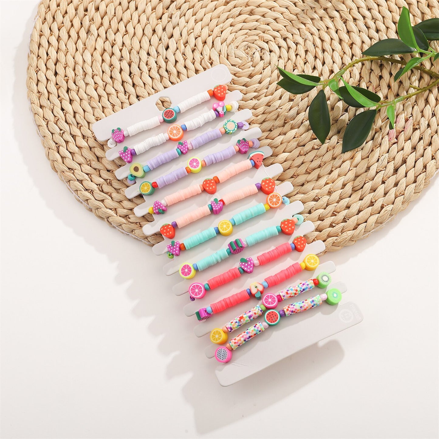 Boho 12pcs/lot Women Grape Apple Fruit Pendant Charms Bracelets Set Clay Braided Adjustable Rope Chain Anklet Jewelry