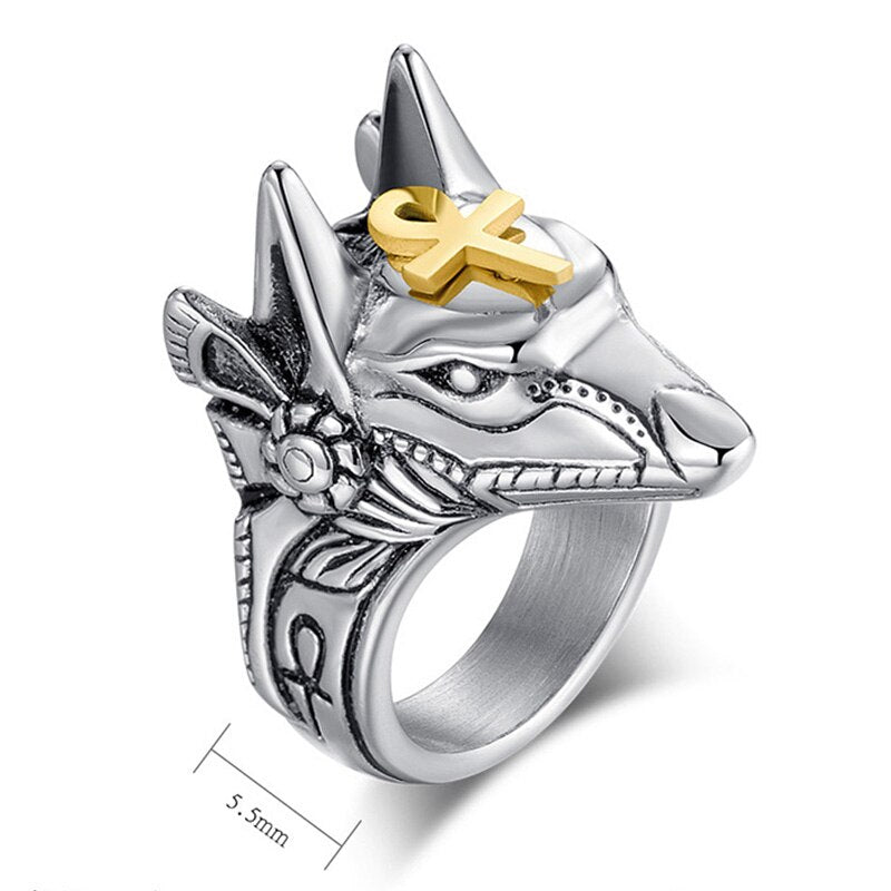 Women Men Punk Anubis Egyptian Cross Beast Finger Ring Stainless Steel Vintage Wolf Knuckle Rings Fashion Jewelry Gift Anel