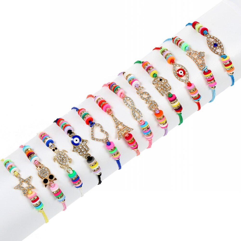 12 Pieces Lot Full Rhinestone Charm Bracelets Set Women Children Heart Turtle Pendant Friendship Pulsera Wristband Jewelry