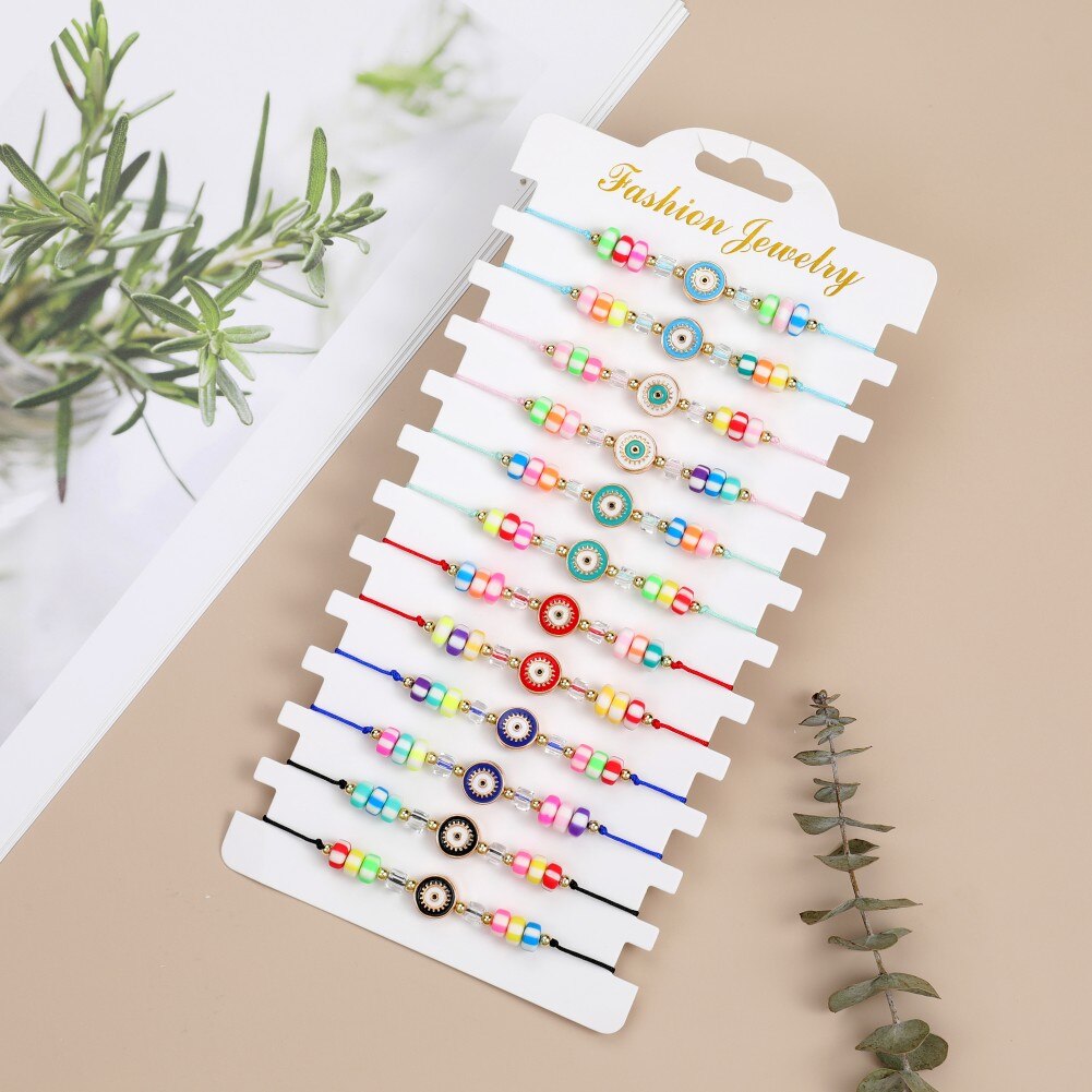 12pcs Candy Color Beads Evil Eye Blue Charm Stretch Bracelet Mal De Ojo Bracelet Protection and Blessing for Men and Women