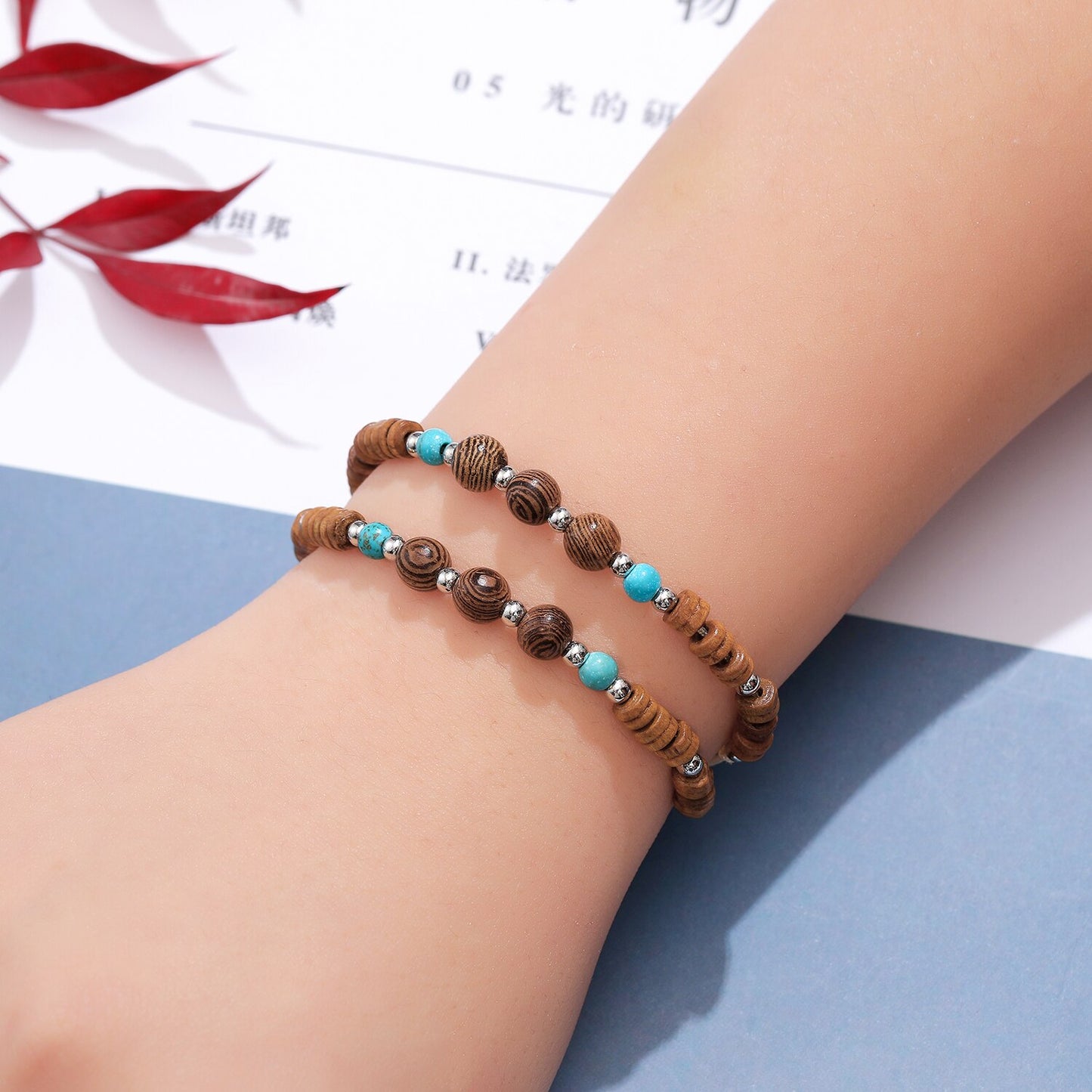 12 Pieces Round Wood Bead Charms Braided Bracelet for Women Child Adjustable Rope Chain Beads Anklet Jewelry Wholesale