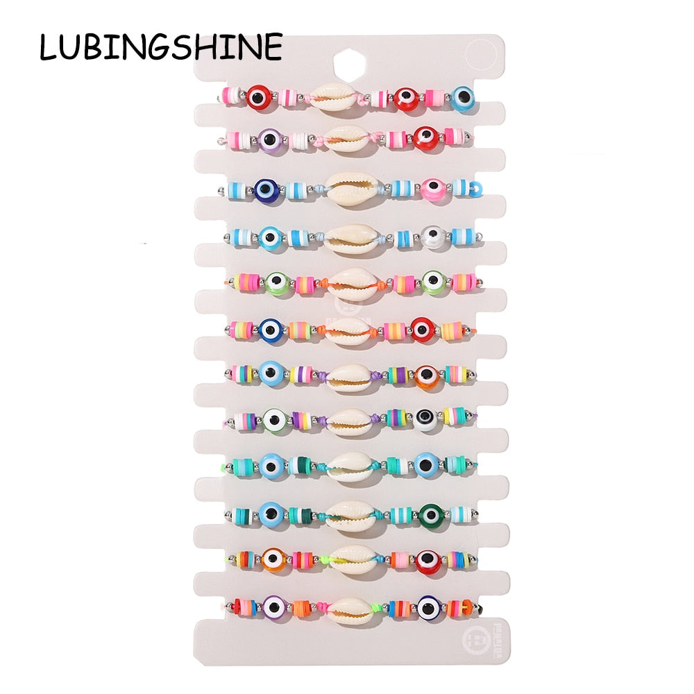 12 Pcs Beach Shell Evil Eye Beads Bracelet Anklet Set Women Summer Handmade Ankle Adjustable Clay Bracelets Wholesale
