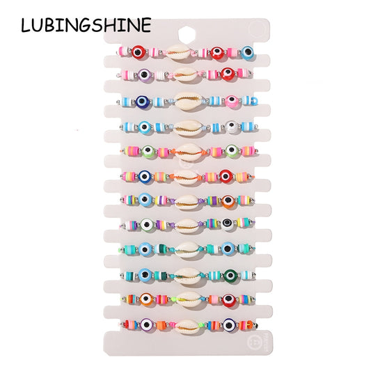 12 Pcs Beach Shell Evil Eye Beads Bracelet Anklet Set Women Summer Handmade Ankle Adjustable Clay Bracelets Wholesale