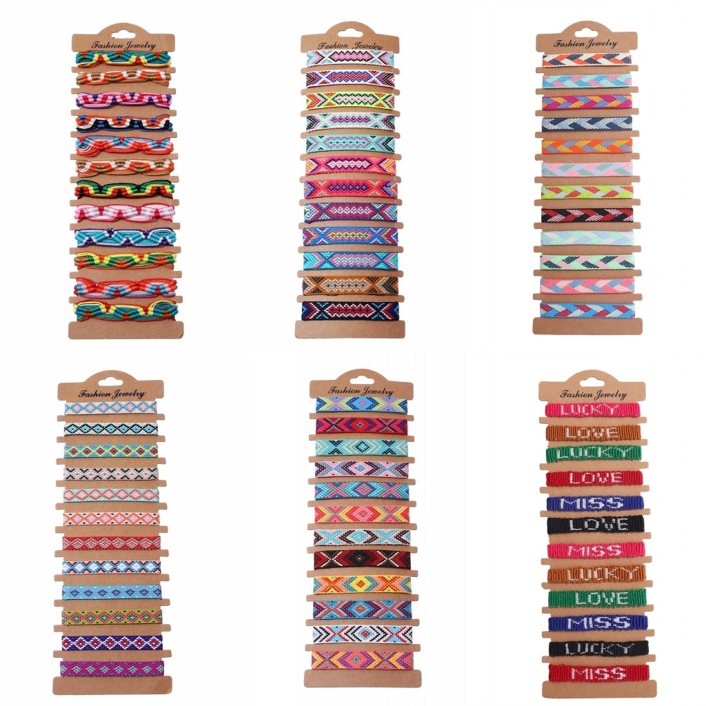 12 Pieces Woven Friendship Bracelets - 6 Styles Adjustable Handmade Braided Strings Multicolor Bracelets Anklet for Women Girls