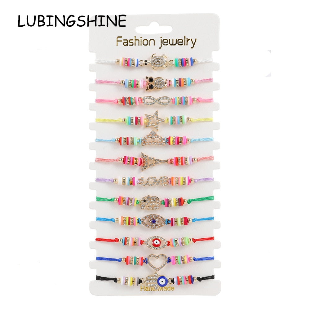 12 Pieces Lot Full Rhinestone Charm Bracelets Set Women Children Heart Turtle Pendant Friendship Pulsera Wristband Jewelry