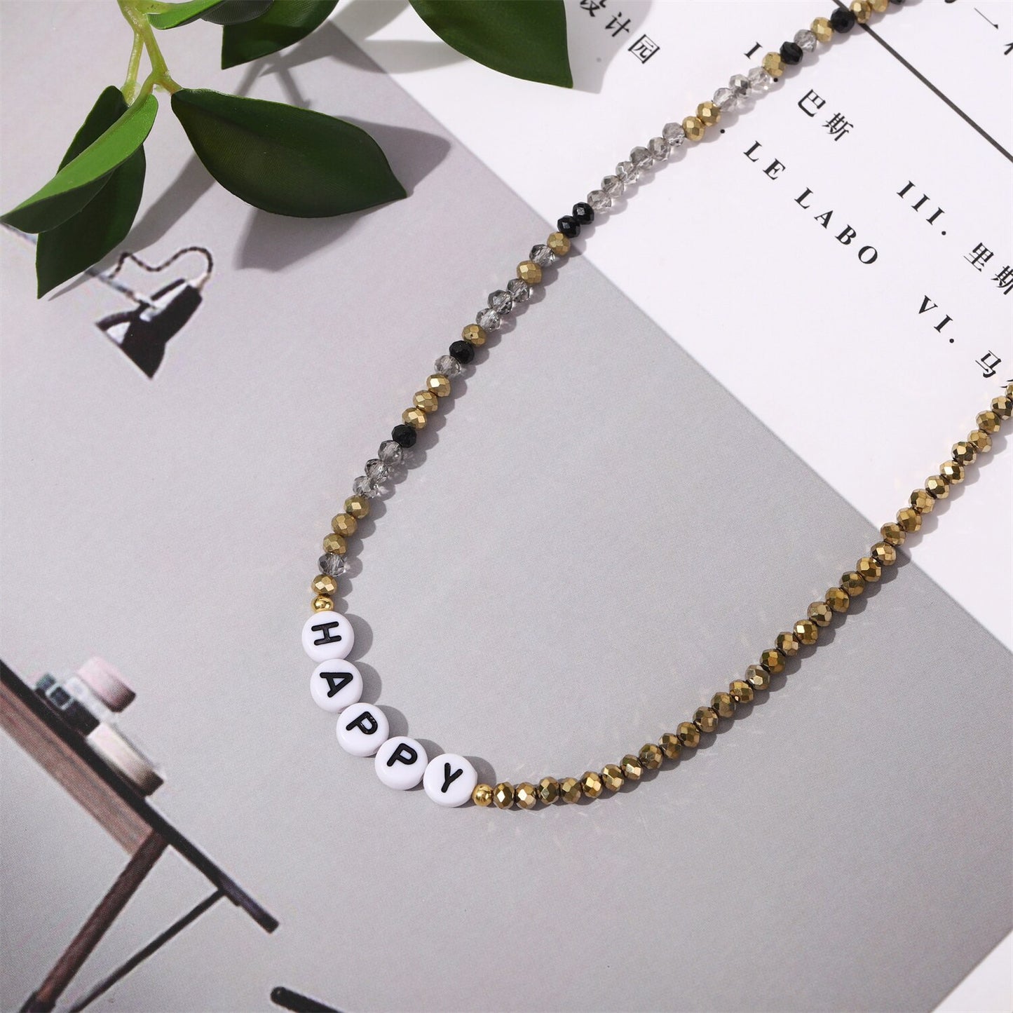 Fashion Crystal Beads Letter HAPPY Necklace for Women Simple Alphabet Beaded Chokers Jewelry Accessories