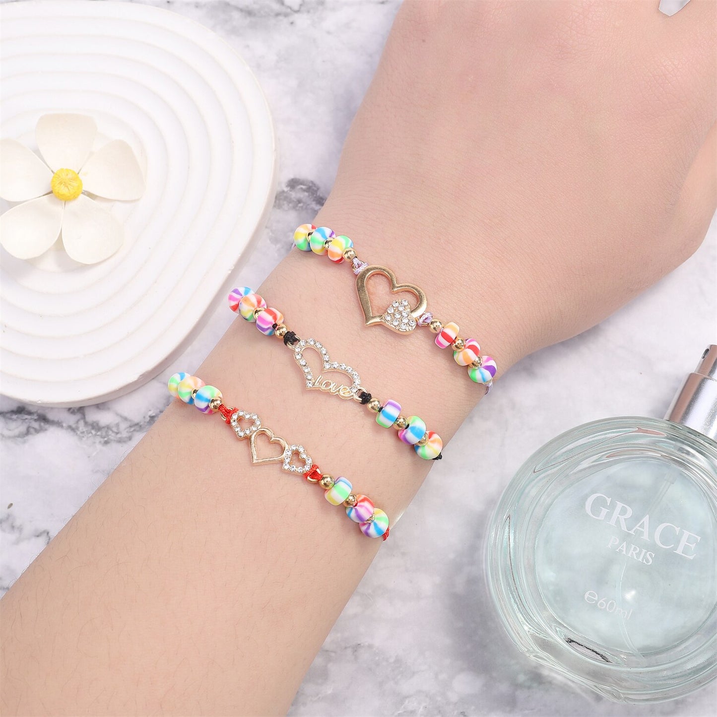 12pcs/set Candy Color Acrylic Beads Heart Charm Adjustable Bracelets Set for Women Braided Rope Wristband Yoga Anklet Jewelry