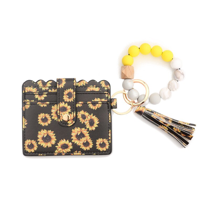 Fashion Silicone Beads Tassel Bracelet Wristlet Bangle with Wallet Key Card Holder Large Round Keyring for Women Handbag