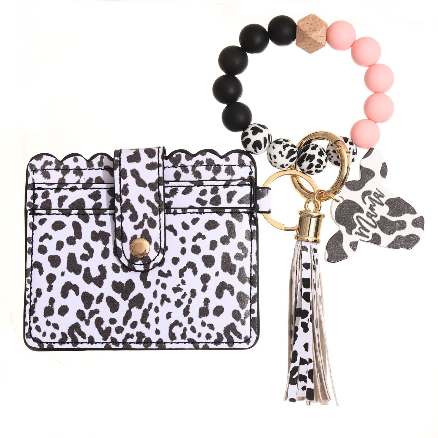Fashion Silicone Beads Tassel Bracelet Wristlet Bangle with Leopard Print Wallet Key Card Holder Large Round Keyring for Women