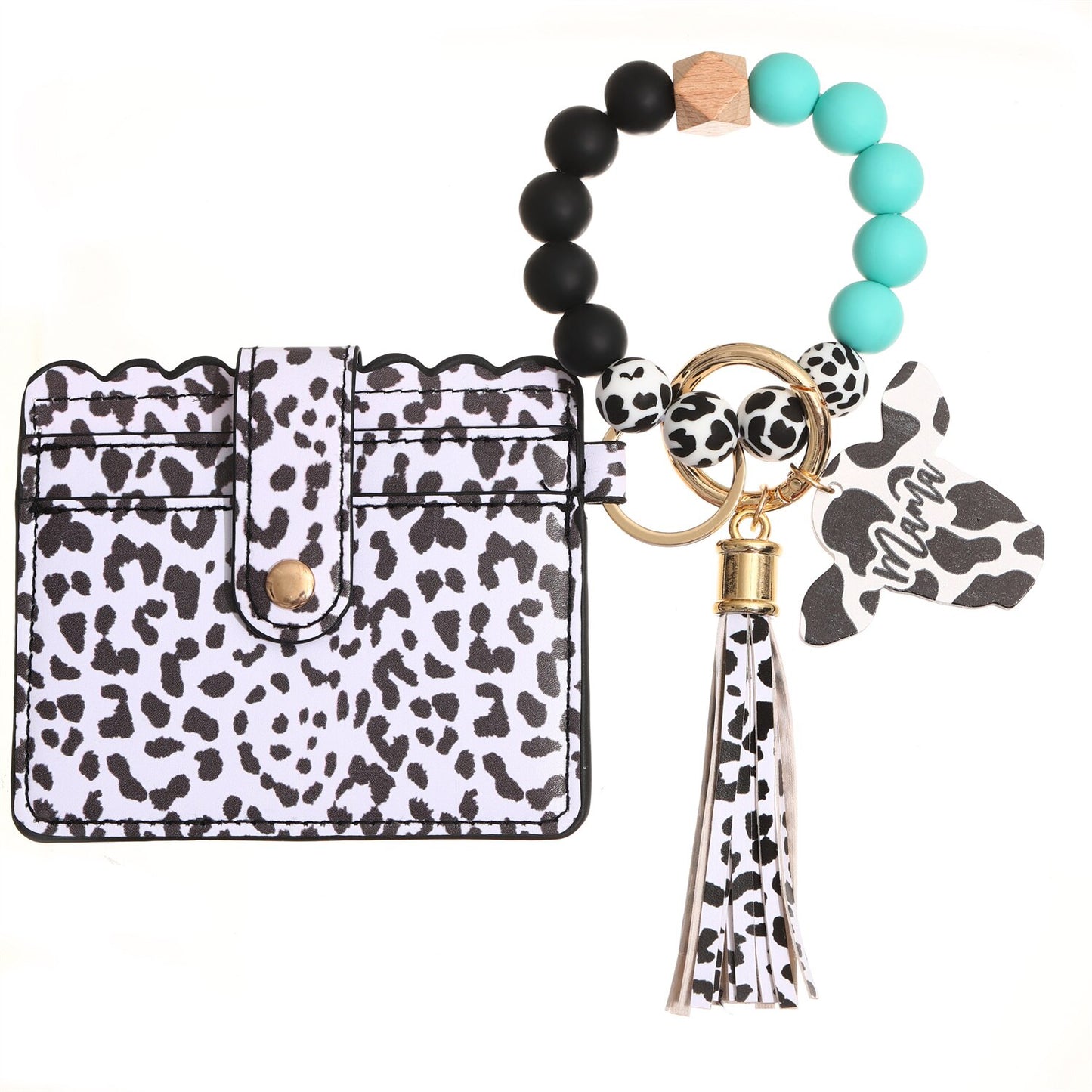 Fashion Silicone Beads Tassel Bracelet Wristlet Bangle with Leopard Print Wallet Key Card Holder Large Round Keyring for Women