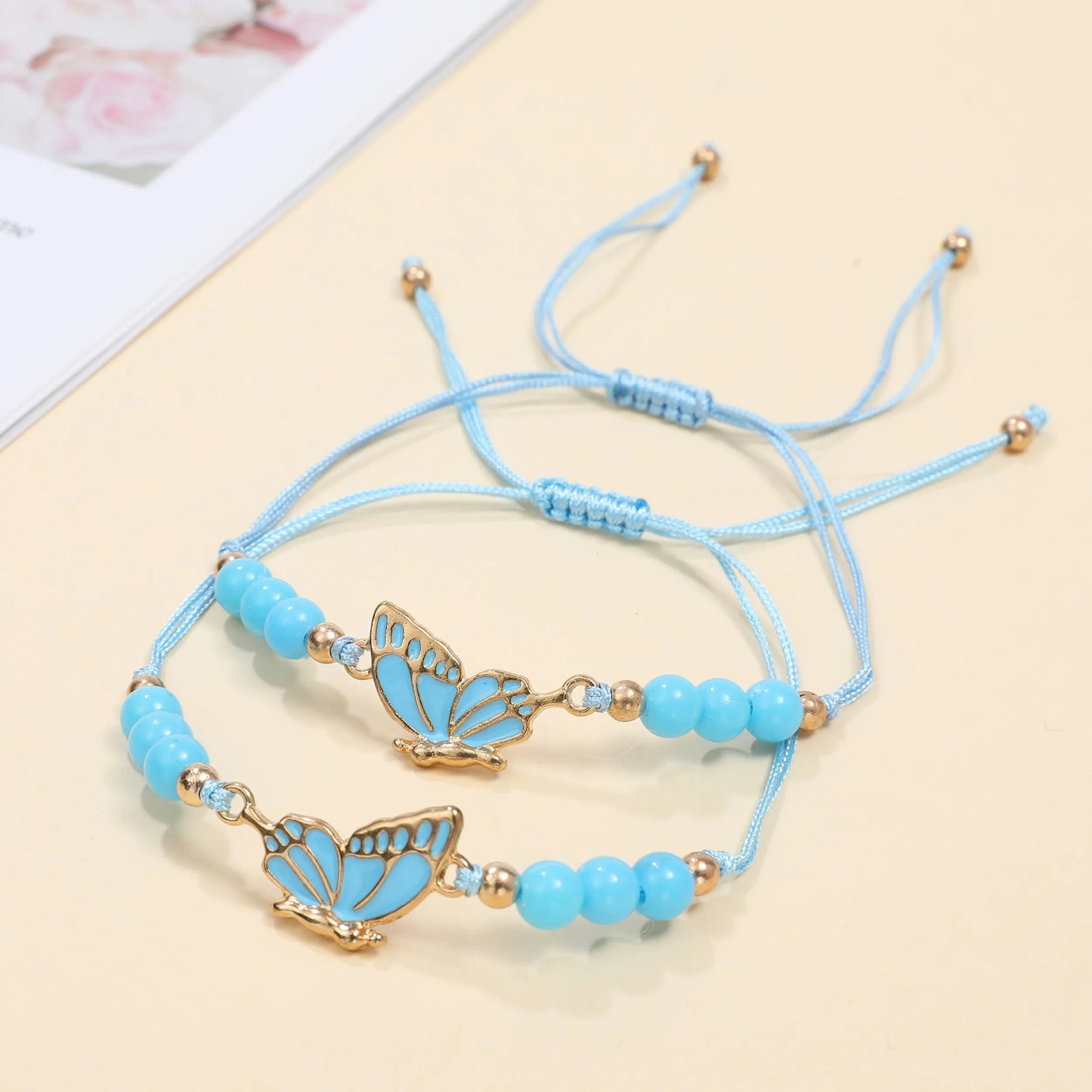 12pcs Color Painted Oil Butterfly Pendant Friendship Woven Bracelet for Women Men Adjustable Hand Woven Couple Jewelry