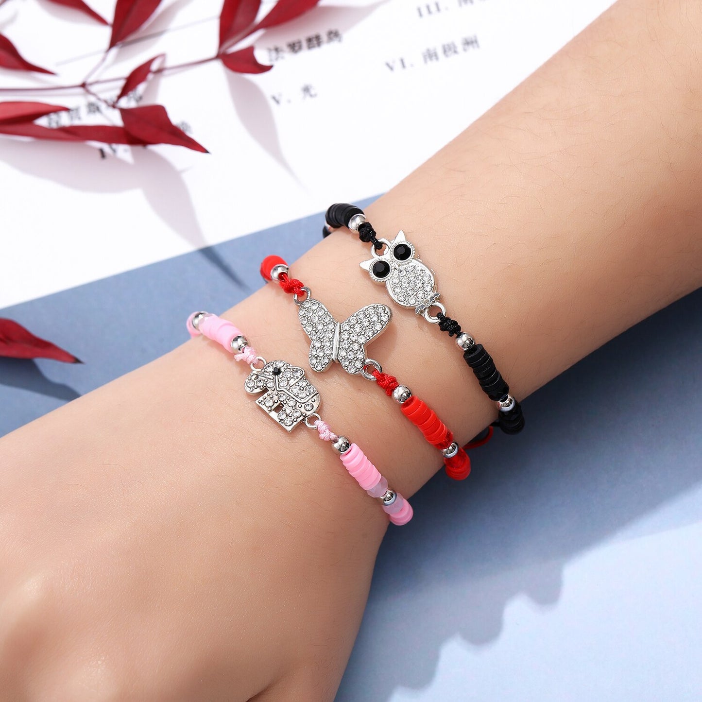 12pcs/Sets Butterfly Owl Animal Pendant Braided Bracelets for Women Child Soft Clay Adjustable Charms Rope Chain Anklets Jewelry