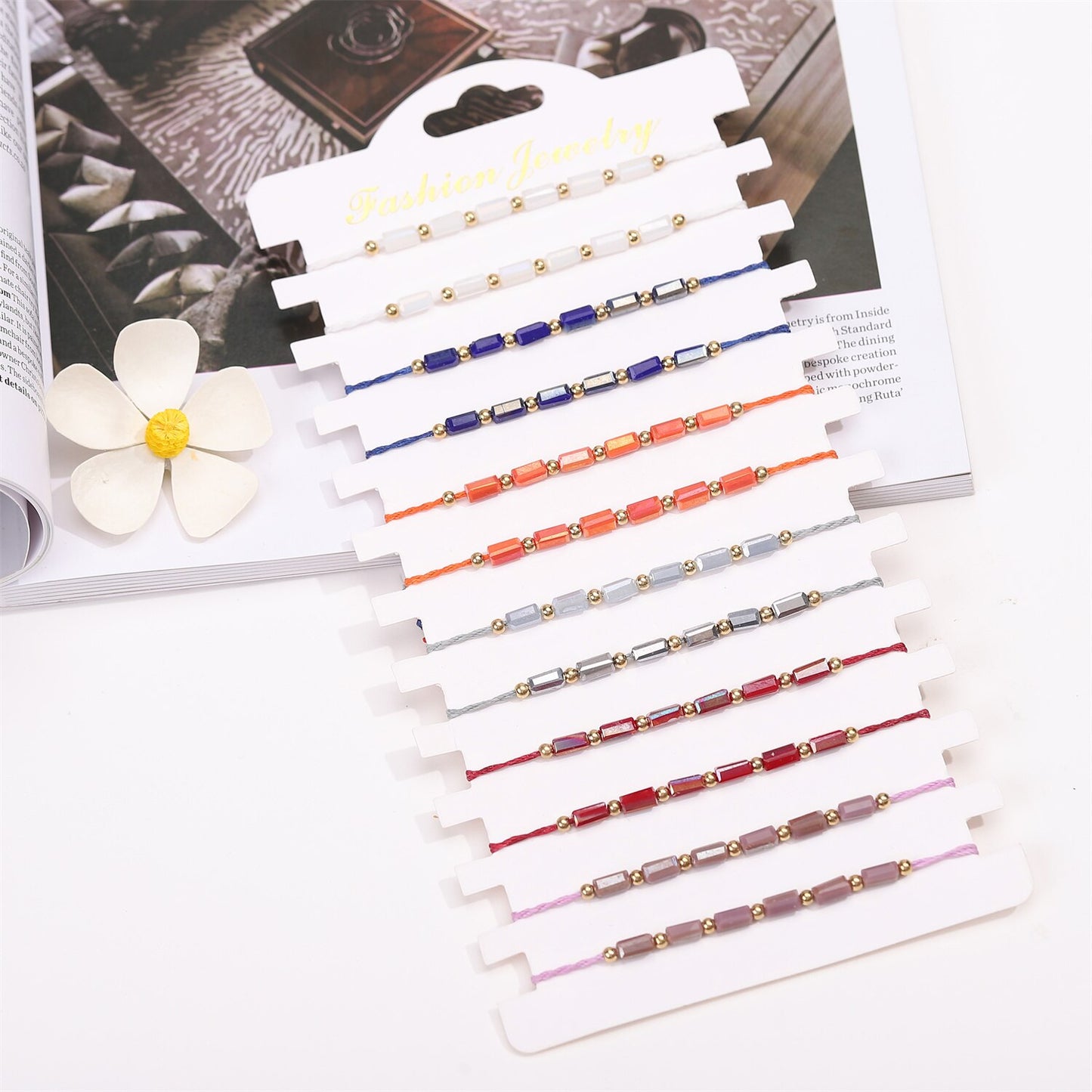 12pcs/lot Boho Pillar Crystal Pendant Charms Braided Bracelet for Women Men Child Adjustable Rope Chain Anklet Jewelry