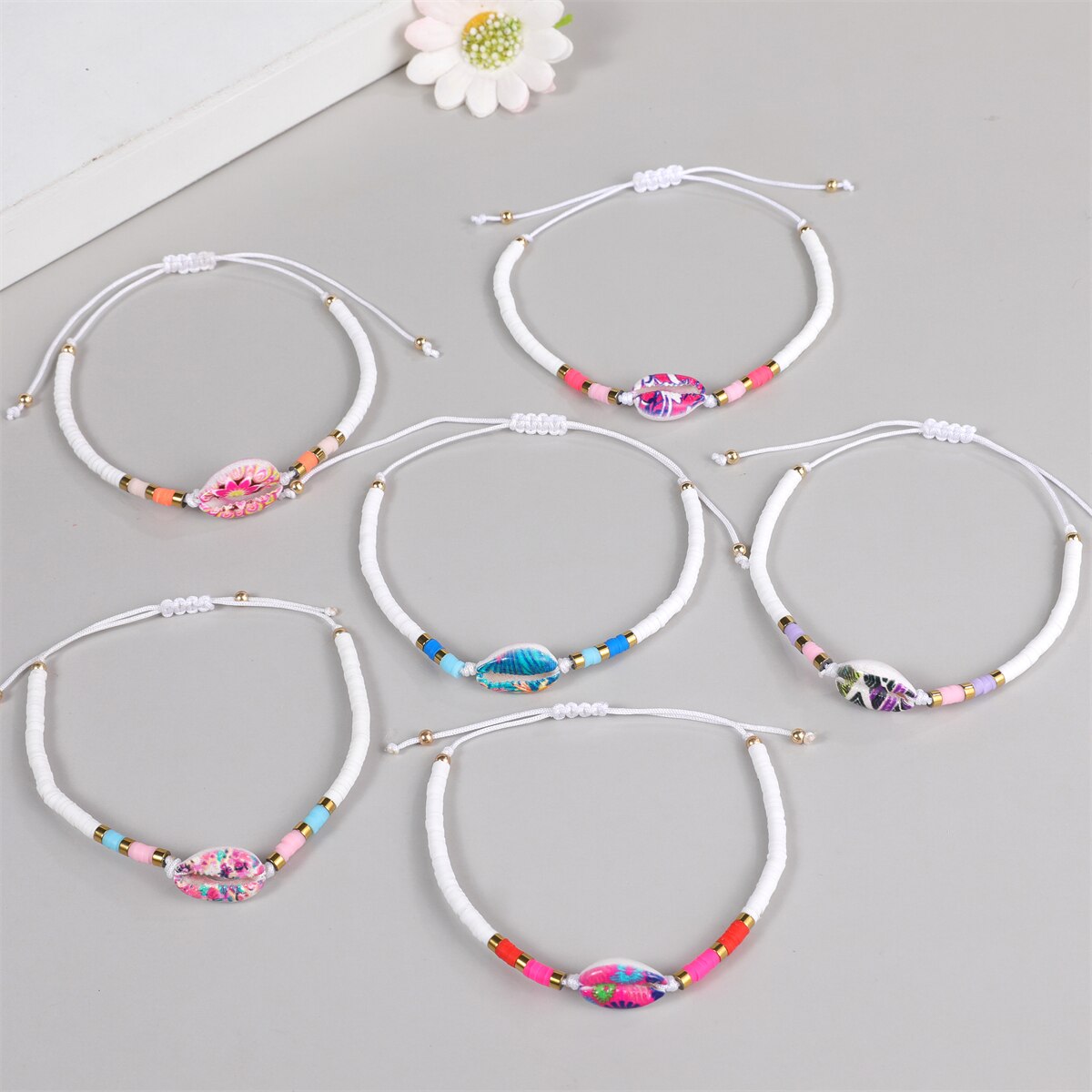 12pcs/set Soft Clay Shell Charm Bracelets Set for Women Kids Handmade Braided Rope Adjustable Bracelet Anklets Trendy Jewelry