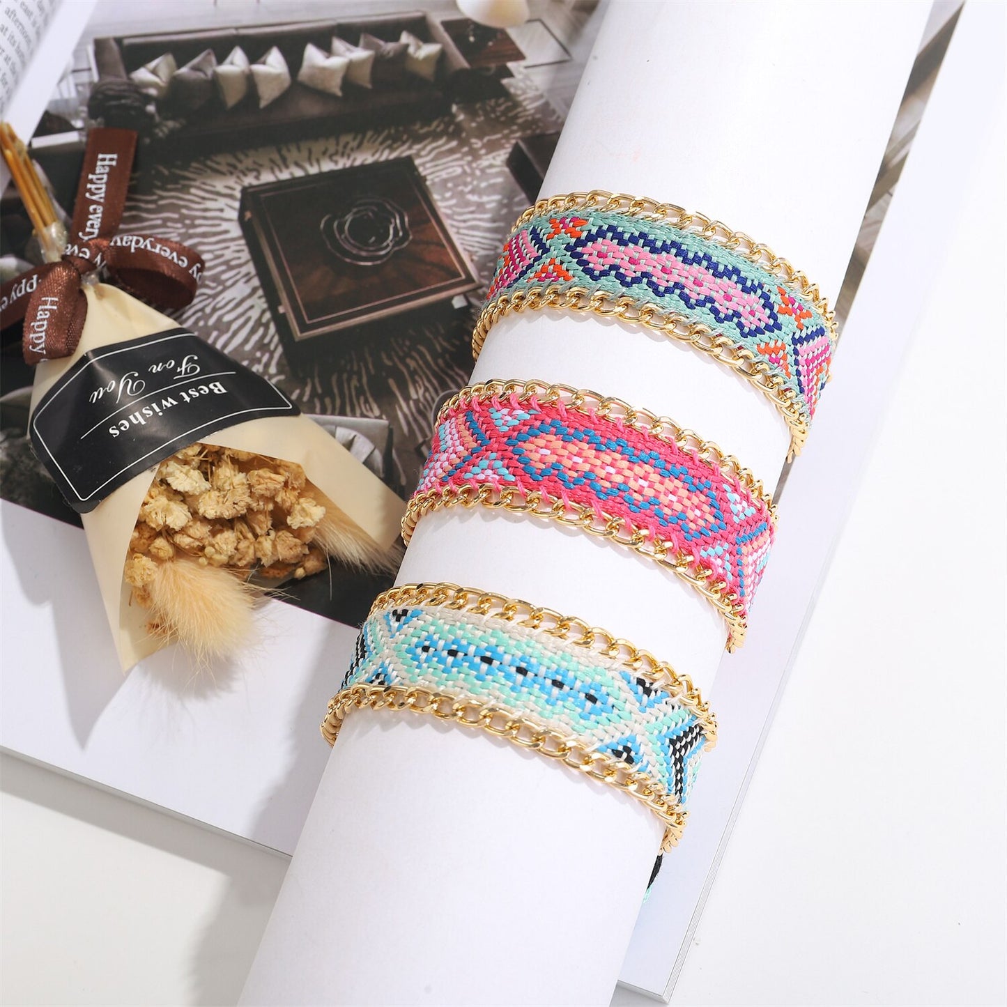 12pcs Women Braided Rope Bracelet Completely Embroidery Bracelet Fashion Wide Cuff Waterproof Anklets Jewelry