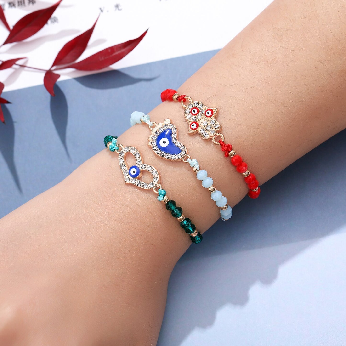 12pcs/lot Cross Knot Charms Knitted Bracelet for Women Adjustable Turkey Blue Evil Eye Crystal Beads Bracelets Anklet Jewelry
