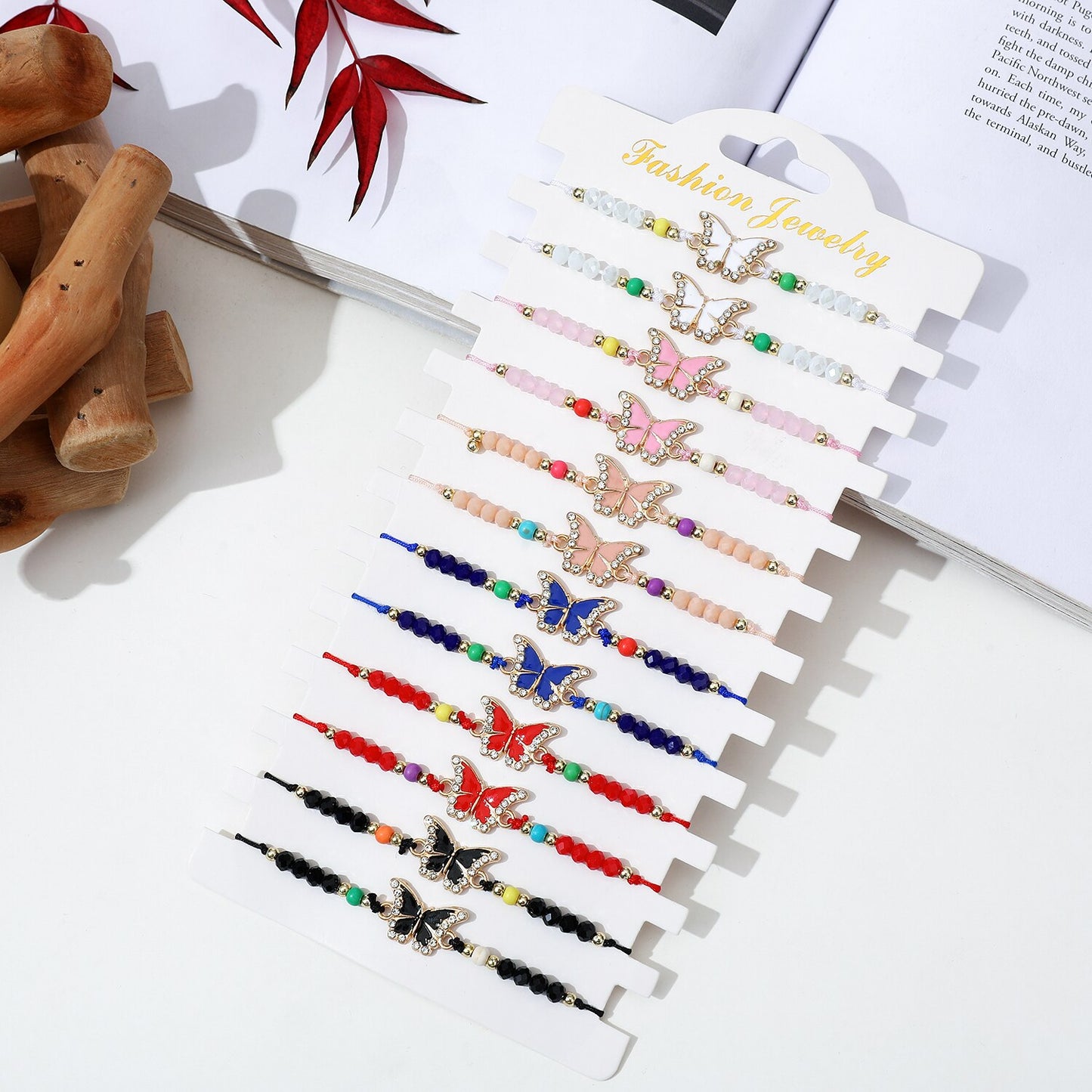 12 Pieces Colorful Crystal Beads Butterfly Pendant Charm Bracelet for Women Men Hand Woven Adjustable Chain Anklet Jewelry