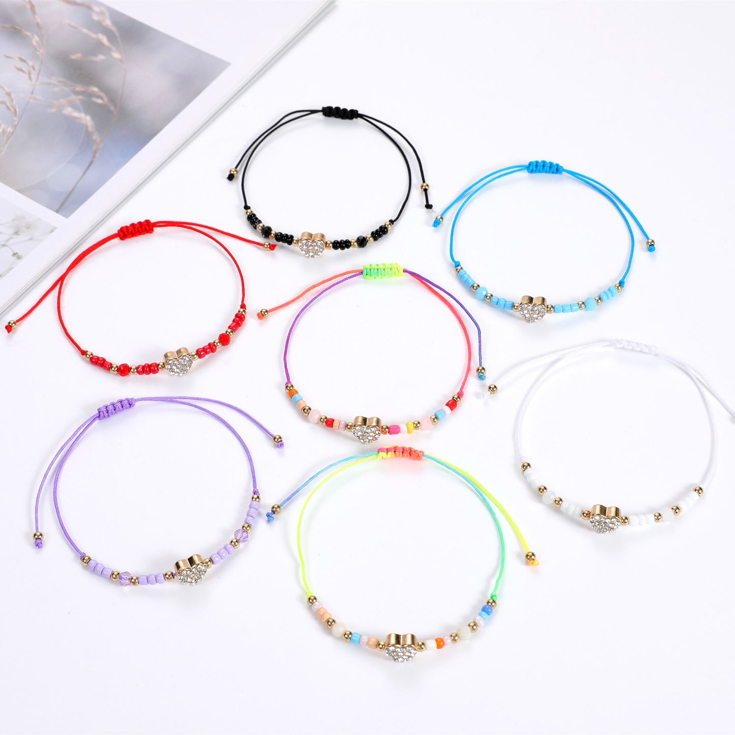 12Pcs/lot Full Rhinestone Heart Braided Bracelets for Women Girl Handmade Thin String Rope Bracelets Anklets Party Jewelry