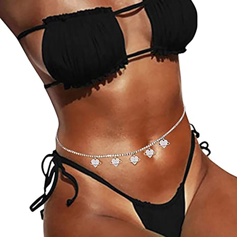 Luxury Shiny Crystal Peach Heart Belly Chains Sexy Fashion Cool Rhinestone Body Jewelry Summer Beach Waist Chain