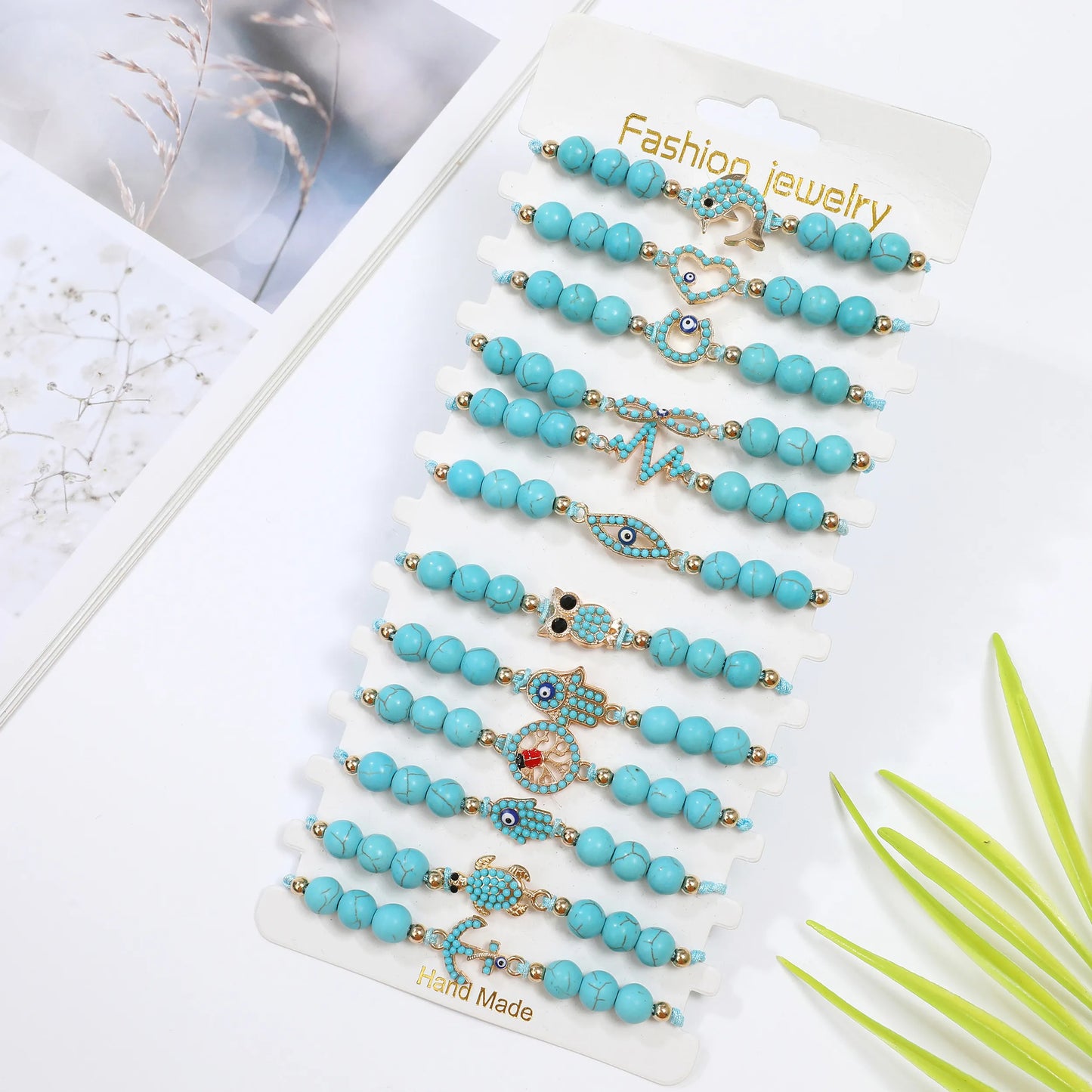 12pcs Tree of Life Fatima Hand Beads Bracelets Turquoises Adjustable Cotton Rope Chain Animal Charm Bracelet for Women Jewelry