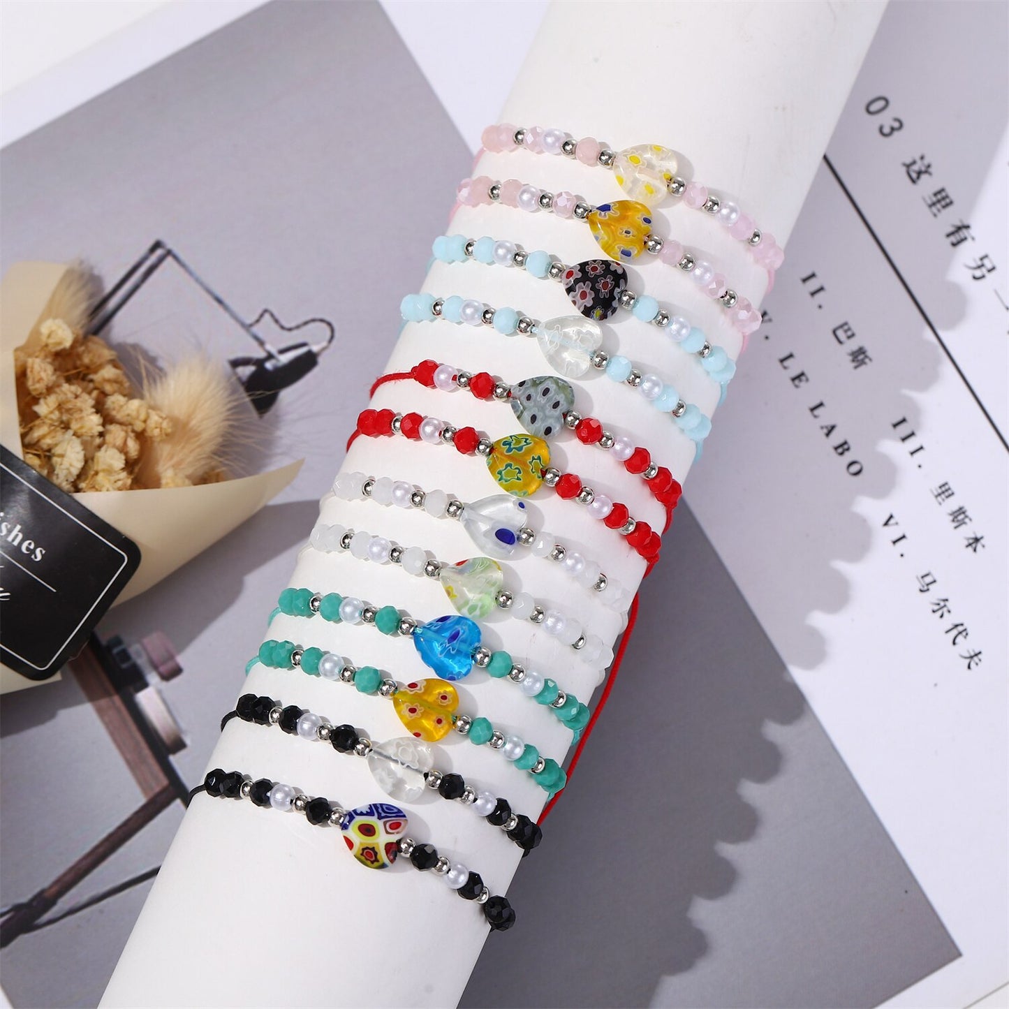 12 Pieces Crystal Seed Beads Heart Pendant Bracelet for Women Men Adjustable Summer Surf Anklet Jewelry Mixed Colors Wholesale