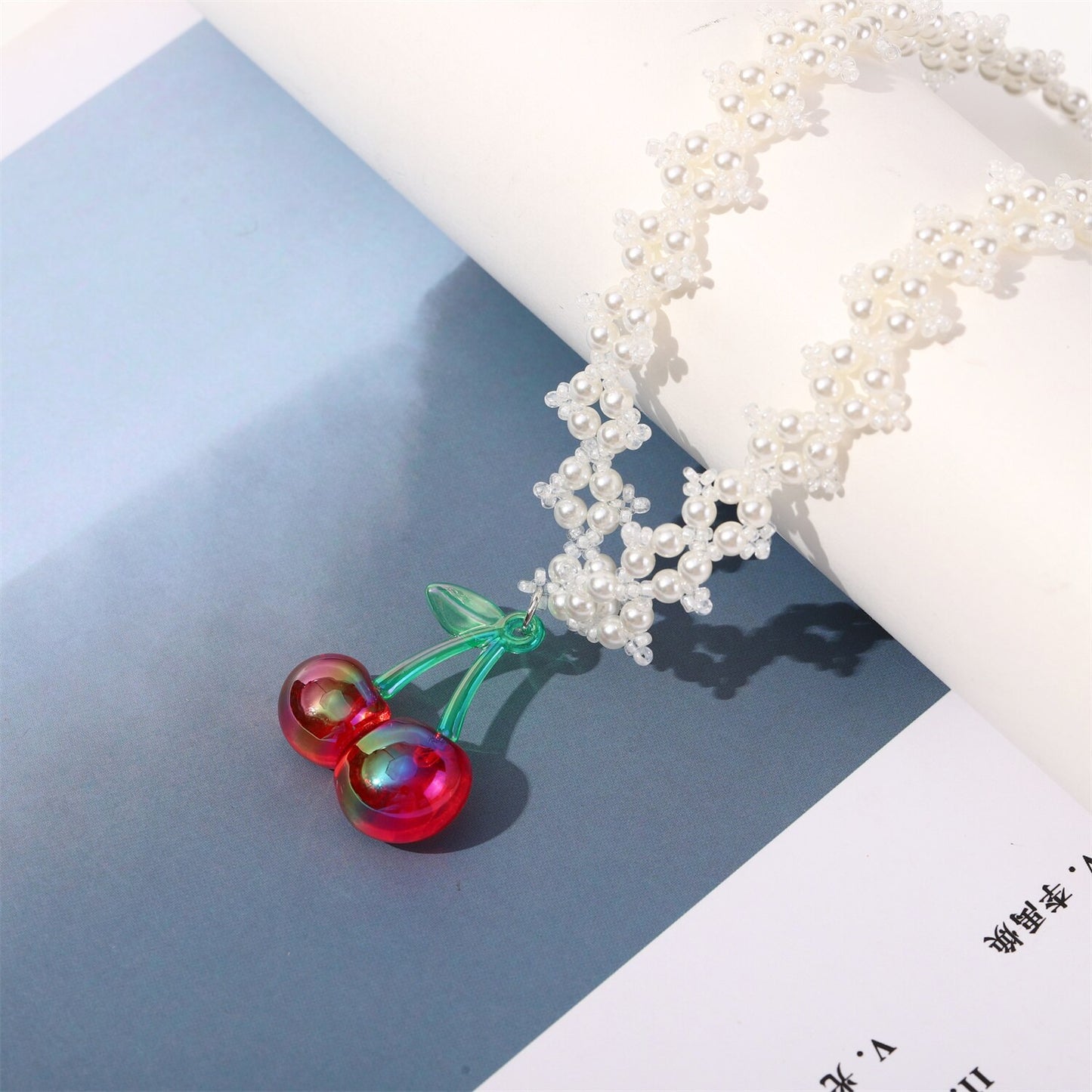 Fashion Red Cherry Strawberry Pendant Pearl Chain Women's Necklace Choker Charm Metal Sweater Chain Women Resin Jewelry Gift