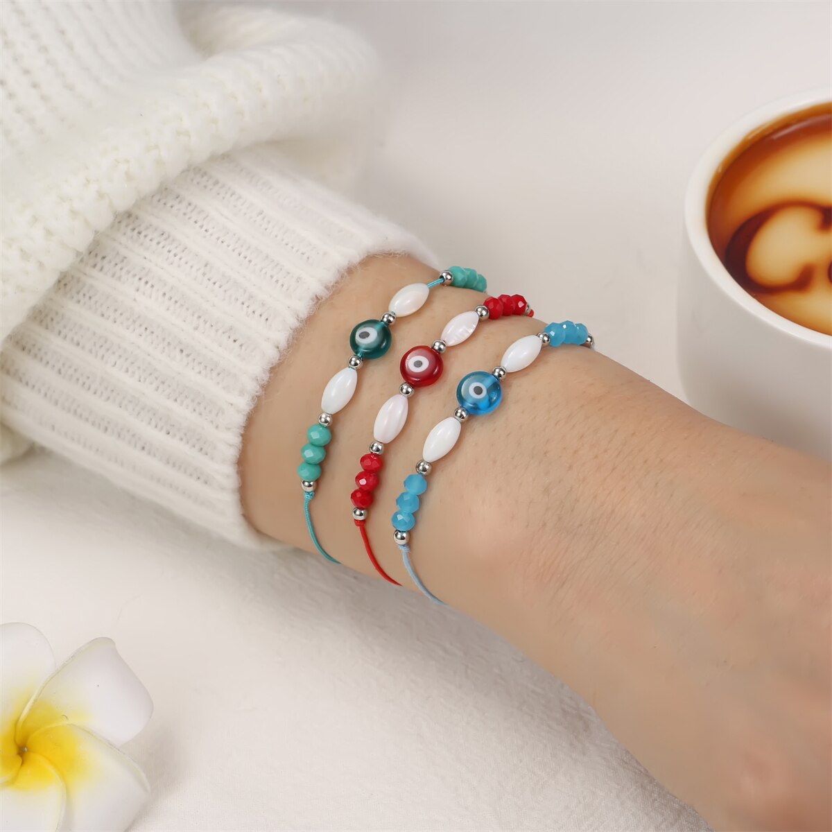 12pcs/lot Crystal Pearl Beads Evil Eye Charms Bracelets for Women Men Adjustable Handwoven Bracelet Anklets Jewelry
