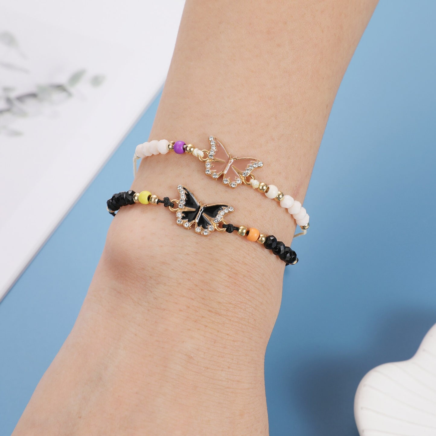 12pcs/lot Butterfly Evil Eye Braided Bracelets for Women Girls Animal Rhinestone Beads Adjustable Woven Rope Bracelet Jewelry