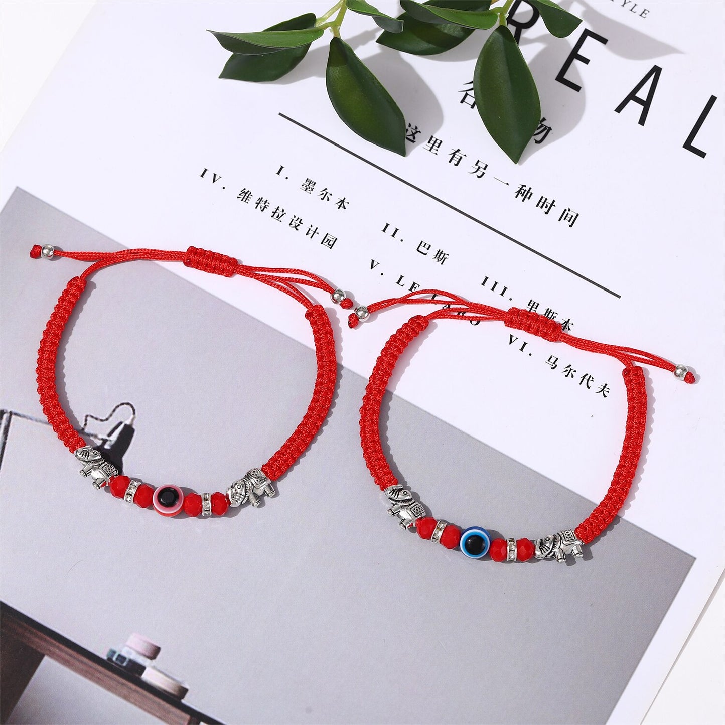12pcs Handmade Thick Lucky Red Rope Braided Bracelet Evil Eye Bead Elephant Pendant Adjustable Bracelets for Women Men