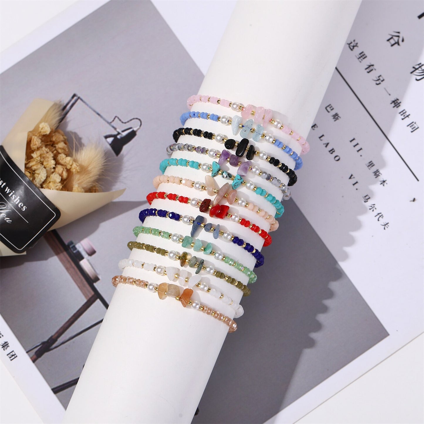 12Pcs Seed Beads Natural Stone Charms Bracelets Adjustable String Wish Bracelets Jewelry Gifts for Girls Wholesale
