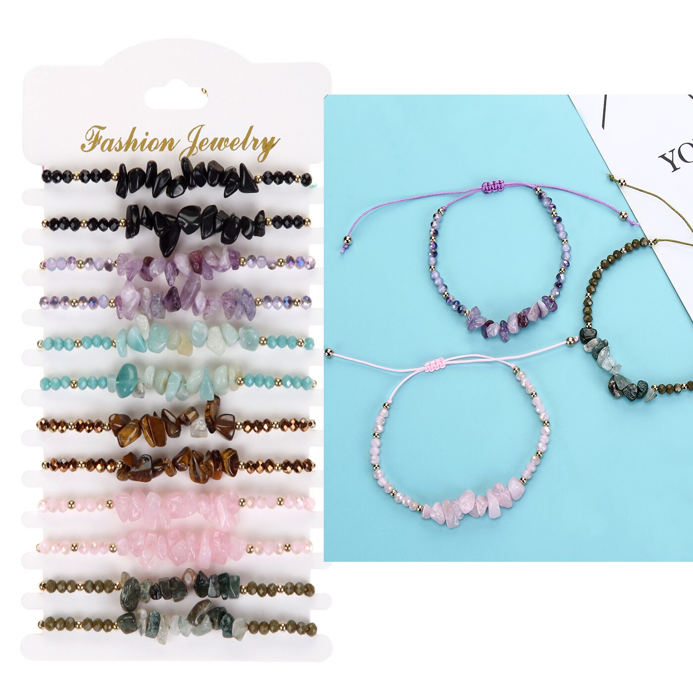 12pcs Natural Stone Amethyst 7 Chakra Bracelets Healing Crystal Bracelet Chipped Gravel Beads Gifts for Women Anklet Mix Colors